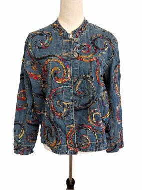 Chico's Blue Denim Jacket with Multicolor Swirl Embroidery Patchwork